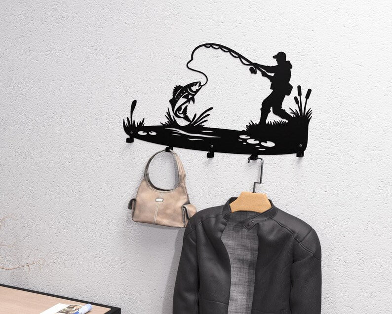 Steel Fisherman Wall Hanger – Metal Loft Decor with Hooks