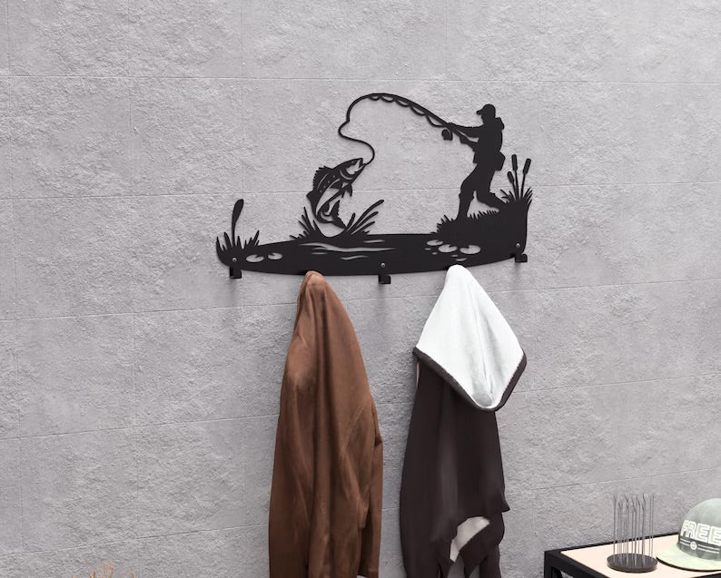 Steel Fisherman Wall Hanger – Metal Loft Decor with Hooks