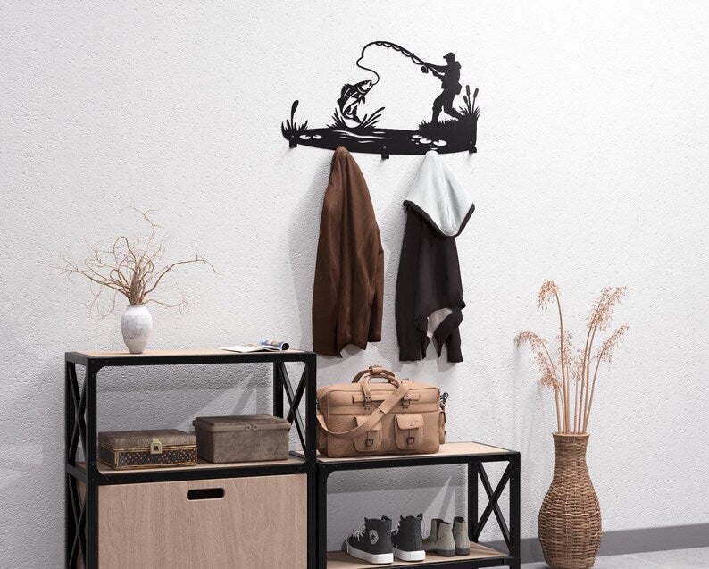 Steel Fisherman Wall Hanger – Metal Loft Decor with Hooks