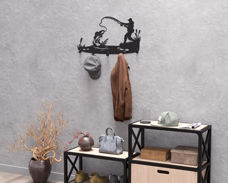 Steel Fisherman Wall Hanger – Metal Loft Decor with Hooks