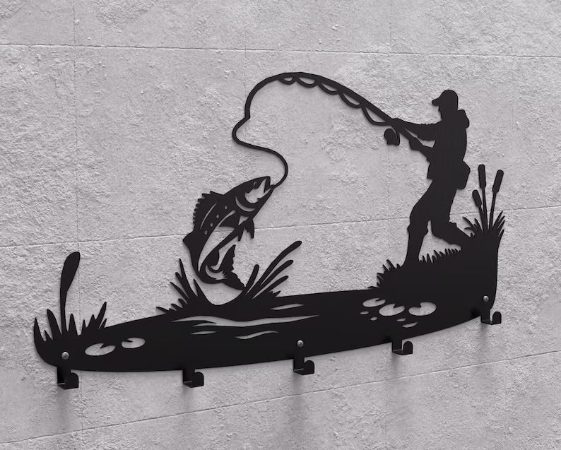 Steel Fisherman Wall Hanger – Metal Loft Decor with Hooks