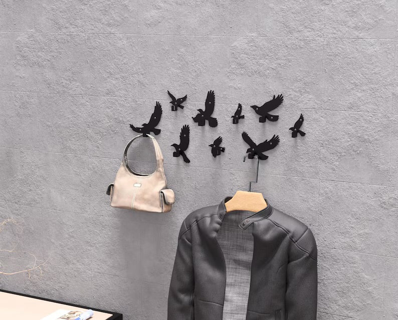 Set of Metal Flying Birds Wall Hooks (9 pcs) - Loft Wall Decor for Hallway