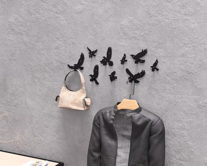 Set of Metal Flying Birds Wall Hooks (9 pcs) - Loft Wall Decor for Hallway