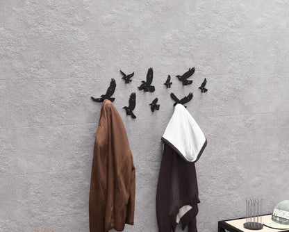 Set of Metal Flying Birds Wall Hooks (9 pcs) - Loft Wall Decor for Hallway