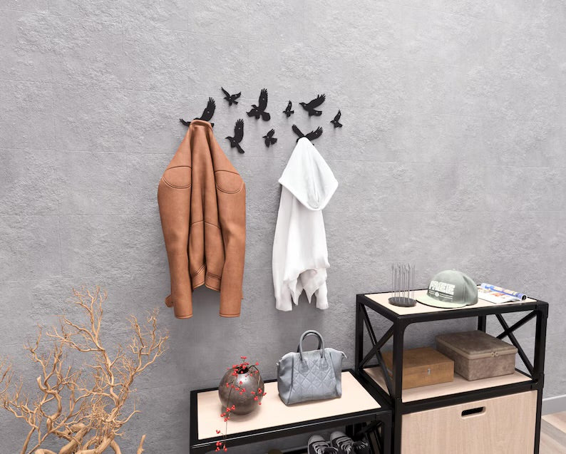 Set of Metal Flying Birds Wall Hooks (9 pcs) - Loft Wall Decor for Hallway