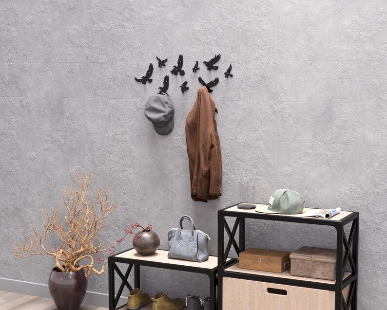 Set of Metal Flying Birds Wall Hooks (9 pcs) - Loft Wall Decor for Hallway