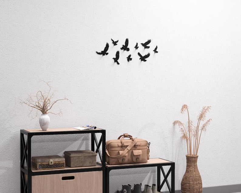 Set of Metal Flying Birds Wall Hooks (9 pcs) - Loft Wall Decor for Hallway