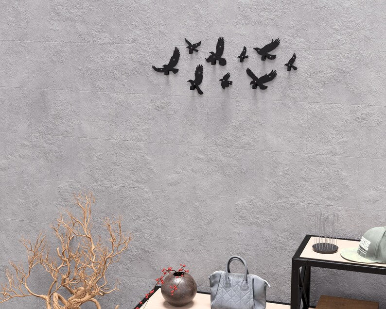 Set of Metal Flying Birds Wall Hooks (9 pcs) - Loft Wall Decor for Hallway