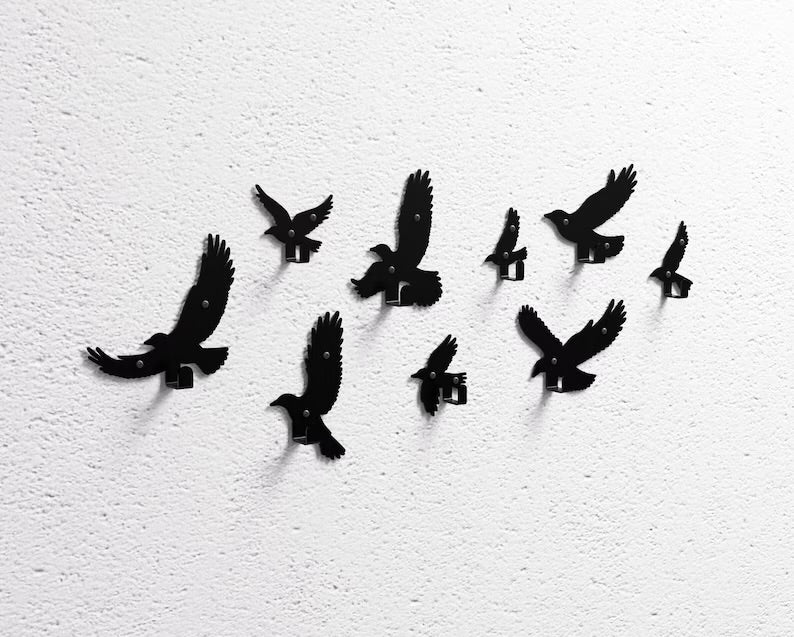 Set of Metal Flying Birds Wall Hooks (9 pcs) - Loft Wall Decor for Hallway